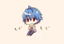 1boy 9-nine- ahoge black_pants blue_hair blush_stickers bread chibi chibi_only closed_mouth commentary eating eyes_visible_through_hair food fukazawa_yoichi full_body green_jacket hair_between_eyes hands_up holding holding_food jacket jitome knees_up long_sleeves looking_at_viewer male_focus melon_bread open_clothes open_jacket pants pink_background red_eyes short_hair signature simple_background sitting smile solo sound_effects symbol-only_commentary ura_(ura-tennislove)