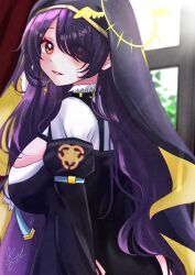 1girl black_dress black_hair black_veil blue_archive blush dress from_side hair_over_one_eye highres hinata_(blue_archive) long_hair looking_at_viewer midori_oekk nun parted_lips red_eyes sidelocks smile solo upper_body veil