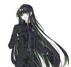1girl alfonso_(project_moon) black_gloves black_jacket black_necktie black_pants black_shirt collared_shirt gloves green_eyes green_hair green_trim hand_up highres jacket lapels limbus_company long_hair multicolored_hair necktie notched_lapels open_mouth pants project_moon shirt sidelocks simple_background smile solo streaked_hair very_long_hair white_background xxed_h
