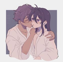 2boys ahoge alternate_costume androgynous arm_around_shoulder blush border closed_eyes collarbone cropped_torso dark-skinned_male dark_skin double-parted_bangs ensemble_stars! grey_background hair_between_eyes hair_down hair_intakes hand_on_another&#039;s_shoulder highres imminent_kiss japanese_clothes kanzaki_souma kimono long_hair long_sleeves male_focus multiple_boys open_mouth otogari_adonis outside_border parted_lips pectoral_cleavage pectorals plunging_neckline purple_eyes purple_hair raised_eyebrows short_hair sidelocks surprised white_border white_kimono whiten_wolf wide_sleeves yukata