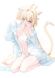 1girl :p ahoge animal_ear_fluff animal_ears aqua_eyes blonde_hair breasts cat_ears cat_girl cat_tail highres long_hair lying mocha_kura naked_shirt navel open_clothes open_shirt original shirt simple_background small_breasts solo tail tongue tongue_out very_long_hair white_background