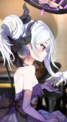 1boy 1girl black_bow black_horns blue_archive blush bow demon_horns dress earrings elbow_gloves gloves grand_piano halo highres hina_(blue_archive) hina_(dress)_(blue_archive) horns instrument jewelry long_hair looking_at_viewer mouchu multiple_horns necklace official_alternate_costume official_alternate_hairstyle pantyhose piano purple_dress purple_eyes purple_gloves purple_pantyhose strapless strapless_dress white_gloves white_hair
