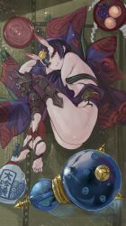 1girl absurdres alcohol ankle_ribbon ass bare_shoulders breasts cup ebichannoshippo eyeliner fate/grand_order fate_(series) gourd headpiece highres horns japanese_clothes kimono leg_ribbon long_sleeves looking_at_viewer lying makeup on_side oni purple_eyes purple_hair purple_kimono revealing_clothes ribbon sakazuki sake short_eyebrows short_hair shuten_douji_(fate) skin-covered_horns small_breasts smile solo