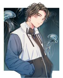 Rule 34 | 1boy, aam09212, brown hair, closed mouth, earrings, hands in pockets, highres, jellyfish, jewelry, kamen rider, karakida hanto, long sleeves, looking at viewer, male focus, outside border, short hair, side part, solo, upper body