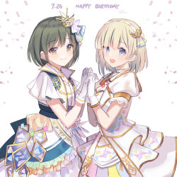 2girls blush confetti dated dress gradient_hair green_hair happy_birthday highres holding_hands idolmaster idolmaster_shiny_colors idolmaster_starlit_season interlocked_fingers kevn looking_at_viewer looking_to_the_side multicolored_dress multicolored_hair multiple_girls nanakusa_nichika okuzora_kohaku puffy_short_sleeves puffy_sleeves shirt short_hair short_sleeves smile white_shirt