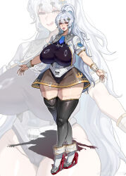 1girl b.sa_(bbbs) bad_tag barcode blush boots breasts full_body hair_between_eyes hair_ornament hairclip high_heels highres huge_breasts jacket leotard long_hair looking_at_viewer open_mouth original ponytail skirt smile solo standing thick_eyebrows thick_thighs thighhighs thighs tongue tongue_out very_long_hair white_hair white_jacket zoom_layer