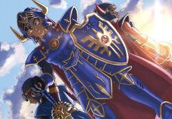 3boys armor blue_armor blue_eyes blue_tunic cape commentary_request dragon_quest dragon_quest_i dragon_quest_ii dragon_quest_iii erdrick&#039;s_helmet erdrick&#039;s_shield erdrick&#039;s_sword fake_horns goggles goggles_on_headwear helmet hero_(dq1) hero_(dq3) highres holding holding_shield holding_sword holding_weapon horned_helmet horns looking_ahead looking_at_another looking_back male_focus multiple_boys muscular muscular_male prince_of_lorasia red_cape roto_(dq3) scabbard sheath shield sword toriyama_akira_(style) tunic weapon yuto_sakurai