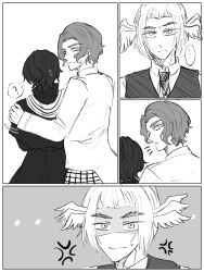 ... 3boys ? anger_vein angry beelzebub_(shuumatsu_no_valkyrie) closed_mouth collared_shirt comic curly_hair hand_on_another&#039;s_shoulder head_wings high_collar long_sleeves looking_at_another looking_back lucifer_(shuumatsu_no_valkyrie) male_focus messy_hair monochrome multiple_boys multiple_views necktie nikola_tesla_(shuumatsu_no_valkyrie) notice_lines robe scarf shaded_face shirt short_hair shuumatsu_no_valkyrie speech_bubble spoken_ellipsis spoken_question_mark sweatdrop upper_body vest wings