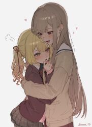 2girls absurdres blonde_hair blush brown_cardigan brown_hair brown_skirt cardigan furen_e_lustario furen_e_lustario_(school_uniform) heterochromia highres hoshikawa_sara hoshikawa_sara_(4th_costume) hug long_hair long_sleeves looking_at_another miniskirt multiple_girls nijisanji official_alternate_costume official_alternate_hairstyle open_mouth plaid_clothes plaid_skirt pleated_skirt red_eyes sailor_collar simple_background skirt smile sooon twintails virtual_youtuber white_background white_sailor_collar yellow_eyes