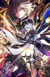 3boys alternate_form antenna_hair artist_name asymmetrical_wings black_cloak black_shirt black_wings blonde_hair blue_eyes clawed_gauntlets cloak coat commentary dark_persona english_commentary flame_reaver_of_the_deepest_dark hair_between_eyes halo halo_behind_head highres holding holding_mask holding_sword holding_weapon honkai:_star_rail honkai_(series) hood hood_up hooded_cloak male_focus mask mirshroom multiple_boys multiple_persona phainon_(honkai:_star_rail) shirt short_hair sword weapon white_coat white_hair wings yellow_blood yellow_eyes yellow_wings