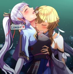 2girls armor ayaka_(genshin_impact) blonde_hair blue_hair blue_skirt blush breasts breath cleavage closed_eyes dress fingerless_gloves gasp genshin_impact gloves hand_on_another&#039;s_shoulder hand_on_another&#039;s_waist heavy_breathing highres kiss kissing_neck long_hair lumine_(genshin_impact) medium_breasts moaning multiple_girls open_mouth parted_lips ponytail short_hair skirt small_breasts sound_effects sweat white_dress yozu_(yozu0420) yuri