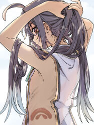 Rule 34 | 1boy, 1other, absurdres, ahoge, amulet, androgynous, armpits, arms behind head, arms up, bare arms, bare shoulders, black hair, braid, fate/grand order, fate/samurai remnant, fate (series), fukaku-tei, hair intakes, hair over one eye, hair tie, hands in own hair, highres, jade (gemstone), japanese clothes, jewelry, kimono, long hair, looking to the side, necklace, orange eyes, partially undressed, presenting armpit, sidelocks, simple background, sleeveless, solo, tying hair, undressing, upper body, white background, white kimono, yamato takeru (fate)