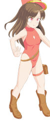 1girl breasts brown_footwear brown_hair highleg highleg_leotard leotard red_cap red_leotard