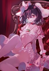 1girl animal_ears black_hair bloomers bra breasts carrot_necklace chair choker curtains dress flat_chest floppy_ears frilled_wrist_cuffs frills hand_on_own_chest hat highres inaba_tewi jewelry knee_up medium_hair necklace on_chair open_clothes open_dress open_mouth pink_dress rabbit_ears red_background red_choker red_eyes red_ribbon ribbon ringo_no_usagi sitting solo stomach thighhighs touhou underwear white_hat white_thighhighs wrist_cuffs