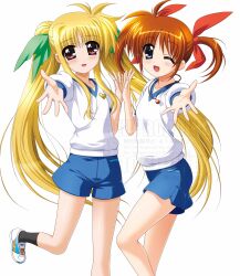 Rule 34 | 2girls, absurdres, bardiche (nanoha), blonde hair, blue eyes, blue shorts, blush, commentary, fate testarossa, green ribbon, gym shirt, higa yukari, highres, holding hands, long hair, looking at viewer, lyrical nanoha, mahou shoujo lyrical nanoha, medium hair, multiple girls, one side up, open mouth, orange eyes, orange hair, raising heart, reaching, reaching towards viewer, red ribbon, ribbon, shirt, short sleeves, shorts, simple background, standing, standing on one leg, symbol-only commentary, takamachi nanoha, twintails, very long hair, watermark, white background, white shirt, wings, wristband, yuri