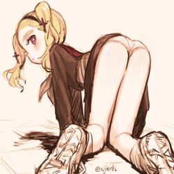 1girl all_fours ass blonde_hair eisu_(eith) forehead harsha_(eisu) hashtag-only_commentary highres kneepits medium_hair on_floor original panties purple_eyes school_uniform sepia serafuku shoes simple_background sketch sneakers twintails underwear white_background white_panties