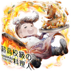 1boy apron black_eyes black_pants black_shoes blush_stickers bow brown_hair buttons carrot commentary_request danganronpa_(series) danganronpa_2:_goodbye_despair fire food frying_pan full_body hanamura_teruteru hat holding holding_frying_pan holding_tray jacket long_sleeves looking_at_viewer male_focus meat mini_chef_hat neckerchief open_mouth pants pompadour potato red_apron red_bow red_neckerchief shoes short_hair smile solid_eyes solo teeth tray u_u_ki_u_u upper_teeth_only waist_apron waist_bow white_background white_hat white_jacket white_sleeves