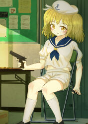 Rule 34 | 1girl, absurdres, ammunition, blonde hair, blue sailor collar, blush, chair, closed mouth, commentary request, ekaapetto, folding chair, gun, handgun, hat, highres, holding, holding gun, holding magazine (weapon), holding weapon, kitashirakawa chiyuri, kneehighs, long hair, looking at viewer, magazine (weapon), making-of available, okazaki yumemi, on chair, paid reward available, puffy short sleeves, puffy sleeves, sailor, sailor collar, sailor hat, sailor shirt, shirt, shoes, short sleeves, shorts, sitting, smile, socks, solo, split mouth, touhou, touhou (pc-98), trigger discipline, twintails, weapon, white shorts, white socks, yellow eyes