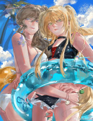 Rule 34 | 2girls, absurdres, axis powers hetalia, bear270901, bikini, blonde hair, blue eyes, blue sky, breasts, brown hair, choker, cloud, day, france (female) (hetalia), green eyes, hair ornament, hairclip, hand on own hip, highres, holding, holding swim ring, innertube, leg tattoo, long hair, looking at viewer, multiple girls, outdoors, shoulder tattoo, side ponytail, sky, smile, swim ring, swimsuit, tattoo, tree, twintails, united kingdom (female) (hetalia), yuri