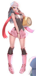 1girl bag beanie black_shirt black_socks blue_eyes blue_hair boots clothes_pull commentary_request dawn_(pokemon) gen_4_pokemon hat highres kneehighs long_hair miniskirt momdy_(talesshinja) nintendo over-kneehighs pink_boots pink_skirt piplup pokemon pokemon_dppt red_scarf scarf shirt sidelocks simple_background skirt skirt_tug sleeveless sleeveless_shirt socks solo thighhighs