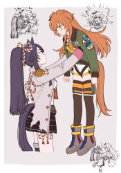 &gt;_&lt; 2girls absurdres afterimage anger_vein angry animal_ears bandaid bandaid_on_face bandaid_on_nose belt black_hair black_skirt blush bomber_jacket boots breasts brown_thighhighs chibi chibi_inset chicken_(food) clenched_hands clothing_cutout coat dog_tags ears_down emphasis_lines eye_contact flailing food fried_chicken gloves green_jacket highres horse_ears horse_girl horse_tail jacket kfc kouhaku_nawa lifting_person long_hair long_sleeves looking_at_another mayano_top_gun_(umamusume) miniskirt multiple_girls narita_brian_(umamusume) orange_hair ponytail rope shimenawa shirt short_shorts shorts skirt small_breasts tail tail_through_clothes thighhighs torn_clothes torn_coat translation_request umamusume v-shaped_eyebrows white_shirt white_shorts yellow_eyes yonu_(yonurime)