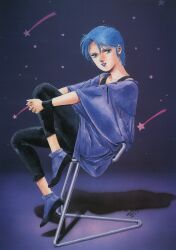 Rule 34 | 1980s (style), 1987, 1girl, blue eyes, blue hair, chair, dated, four murasame, grin, gundam, highres, kitazume hiroyuki, looking at viewer, oldschool, production art, purple lips, retro artstyle, scan, shoes, shooting star, signature, sitting, smile, star (symbol), star symbol background, traditional media, wristband, zeta gundam