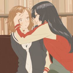 2girls 55bata6rou amayo_no_tsuki black_eyes black_hair black_shirt blush book bookshelf brown_eyes brown_hair constricted_pupils eye_contact hair_lift highres holding_another&#039;s_hair jacket kindaichi_saki long_hair long_sleeves looking_at_another multiple_girls neckerchief oikawa_kanon profile red_jacket sailor_collar shirt short_hair smile surprised upper_body white_neckerchief white_sailor_collar wide-eyed yuri