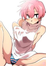 1boy absurdres bare_shoulders black_eyes breasts bulge closed_mouth edkuroki hand_under_clothes highres looking_to_the_side male_with_breasts meme_attire original park_jinim_(parkgee) pink_hair short_hair sideboob signature simple_background sitting sleeveless sleeveless_turtleneck solo spread_legs striped_male_underwear sweater turtleneck turtleneck_sweater virgin_killer_sweater white_background white_sweater