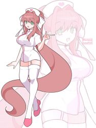1girl absurdly_long_hair doki_doki_literature_club green_eyes hat kotohatoko510 large_pectorals long_hair monika_(doki_doki_literature_club) nurse nurse_cap official_alternate_costume pectorals solo very_long_hair