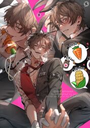 Rule 34 | 2boys, animal ears, arm belt, asymmetrical clothes, badge, black jacket, black pants, blush, brown eyes, brown hair, carrot, chain, chain necklace, collar, collarbone, collared shirt, corn, crystal, crystal necklace, eiden (nu carnival), fake animal ears, food, gloves, hair between eyes, heart, highres, holding, holding carrot, holding hands, interlocked fingers, jacket, jewelry, licking, looking at viewer, male focus, male playboy bunny, miyamoyan, multiple boys, multiple views, musical note, necklace, necktie, nu carnival, official alternate costume, one eye closed, open clothes, open collar, open mouth, pants, parted lips, pectoral cleavage, pectorals, pink background, pole dancing, pov, pov hands, rabbit boy, rabbit ears, red necktie, red vest, saliva, sexually suggestive, shirt, short hair, smile, solo focus, speech bubble, spread legs, squatting, sweat, sweatdrop, teeth, tongue, tongue out, twitter username, vest, watermark, white gloves, white shirt, yaoi