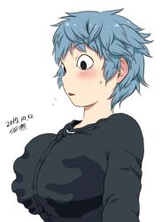 1girl black_eyes black_sweater blue_hair blush breasts buttons dated disembodied_hand grabbing_another&#039;s_breast groping large_breasts long_sleeves open_mouth original shirt short_hair signature simple_background striped_clothes striped_shirt sweatdrop sweater triangle_mouth tsukudani_(coke-buta) upper_body very_short_hair white_background