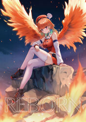 1girl aqua_choker aqua_hair arm_support bare_shoulders beret black_shoes bow bow_choker buttons chef_hat choker collarbone collared_shirt crossed_legs detached_sleeves double-breasted earrings english_text expressionless feather_earrings feathered_wings feathers fire gradient_sky hand_on_own_knee hat hololive hololive_english jewelry light_blush light_particles long_hair looking_at_viewer mini_hat miniskirt multicolored_hair navel night night_sky on_rock orange_hair orange_hat orange_shirt orange_skirt orange_wings outdoors parted_lips purple_eyes rock sebu_illust shirt shoes sitting skirt sky sleeveless sleeveless_shirt sneakers star_(sky) streaked_hair takanashi_kiara takanashi_kiara_(1st_costume) thighhighs two-tone_hair virtual_youtuber white_hat white_thighhighs wings