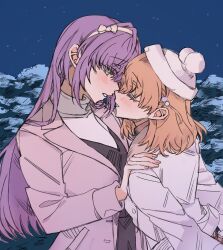 Rule 34 | 2girls, beanie, black dress, blue sky, bow hairband, cerise bouquet, chinese commentary, closed eyes, closed mouth, coat, commentary request, dress, hair bobbles, hair intakes, hair ornament, hairband, hand on another&#039;s shoulder, hat, highres, hinoshita kaho, hinoshita kaho (winter casual), imminent kiss, jacket, junjun (kimi-la), link! like! love live!, long hair, long sleeves, looking at another, love live!, multiple girls, night, open clothes, open coat, orange hair, otomune kozue, otomune kozue (winter casual), outdoors, pinafore dress, pink coat, pink sweater, pom pom (clothes), pom pom beanie, profile, purple hair, sidelocks, sky, sleeveless, sleeveless dress, snow, sweater, turtleneck, turtleneck sweater, two side up, upper body, virtual youtuber, waiting for kiss, white hairband, white hat, white jacket, white sweater, winter, yuri