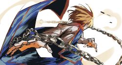 1boy blonde_hair blue_tabard chain commentary cowboy_shot dynamic_pose fingernails floating_clothes floating_hair from_behind highres hunter_x_hunter kurapika long_sleeves male_focus outstretched_arm shirt short_hair solo tabard ultomato523548 white_shirt