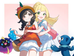 2girls backpack bag black_bag black_hair blonde_hair border braid brown_eyes brown_hat character_request commentary_request cosmog cowboy_shot flower gen_7_pokemon gradient_background green_eyes grin hat hat_flower highres hug hug_from_behind legendary_pokemon lillie_(pokemon) long_hair multiple_girls nintendo open_mouth orange_shirt pink_background pink_bag pleated_skirt pokemon pokemon_(creature) pokemon_usum selene_(pokemon) shali shirt shorts shoulder_bag skirt smile twin_braids white_border white_shirt white_shorts white_skirt