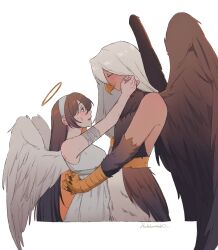 2girls angel angel_wings beak belt bird blush brown_dress brown_eyes brown_hair degrees_of_lewdity dress great_hawk_(degrees_of_lewdity) great_hawk_(female)_(degrees_of_lewdity) halo harpy hawk highres hoshikuzuneko hug looking_at_another monster_girl multicolored_dress multicolored_hair multiple_girls orange_hair player_character_(degrees_of_lewdity) player_character_(female)_(degrees_of_lewdity) talons tan white_dress white_hair wings yellow_belt yuri