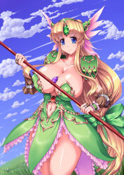 1girl armor between_breasts blonde_hair blue_eyes blue_sky blush bow breasts bridal_gauntlets cleavage closed_mouth clothing_cutout cloud collarbone cowboy_shot day dress forehead_jewel frilled_dress frills gem grass green_bow green_dress hair_bow helmet highres holding holding_weapon huge_breasts jewelry long_hair looking_at_viewer low-tied_long_hair navel navel_cutout outdoors parted_bangs pauldrons polearm raochuu ribbon riesz seiken_densetsu seiken_densetsu_3 shoulder_armor sidelocks sky smile solo spear standing strapless strapless_dress thighs very_long_hair weapon winged_helmet