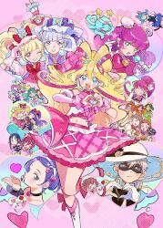 Rule 34 | 3boys, 6+girls, aida mana, aino megumi, aisaki emiru, aqua hair, asahina mirai, black bow, black bowtie, black choker, black pepper (precure), blonde hair, blowing kiss, blue eyes, blue hair, blush, boots, bow, bow-shaped hair, bowtie, brown hair, bun cover, choker, crop top, cure amour, cure idol, cure lovely, cure macherie, cure magical, cure miracle, delicious party precure, detached sleeves, dokidoki! precure, ellee-chan, embarrassed, eye mask, finger heart, go! princess precure, green eyes, green hair, grey hair, grin, hair bow, happinesscharge precure!, haruno haruka, hayashi (kanzume), headset, heart, heart hands, heart hands duo, heart in heart hands, highres, hino akane (smile precure!), hirogaru sky! precure, hishikawa rikka, holding, holding microphone, hugtto! precure, in-franchise crossover, inukai iroha, inukai komugi, inukai komugi (dog), izayoi liko, kenzaki makoto, kimi to idol precure, kirahoshi ciel, kirakira precure a la mode, knee boots, kome-kome, kururun (precure), long hair, looking at viewer, magical girl, mahou girls precure!, mao (precure), microphone, midorikawa nao, midriff, multicolored hair, multiple boys, multiple girls, nagomi yui, navel, nono hana, orange hair, pink background, pink bow, pink bowtie, pink eyes, pink hair, pink skirt, pointy ears, ponytail, precure, prunce (precure), puffy short sleeves, puffy sleeves, purple eyes, purple hair, red hair, ruru amour, sakura uta (precure), shinada takumi, short hair, short sleeves, skirt, smile, smile precure!, star twinkle precure, streaked hair, striped background, toyama daifuku (rabbit), toyama satoru, tropical-rouge! precure, twintails, two-tone hair, two side up, wonderful precure!, yuni (precure), yuunagi tsubasa