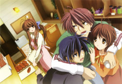 Rule 34 | 00s, 2boys, 2girls, absurdres, antenna hair, apron, baseball, baseball bat, blue eyes, blue hair, bow, bread, brown eyes, brown hair, casual, cigarette, clannad, detexted, food, furukawa akio, furukawa nagisa, furukawa sanae, highres, ikeda kazumi, long hair, multiple boys, multiple girls, non-web source, official art, okazaki tomoya, open mouth, red hair, short hair, third-party edit, tray, very long hair