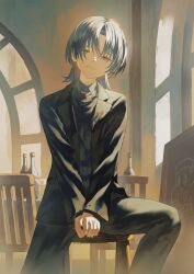 1girl black_jacket black_nails black_pants black_sweater blue_eyes blue_hair blue_shirt bottle chair collared_shirt fagi_(kakikaki) highres hiodoshi_ao hiodoshi_ao_(1st_costume) hololive hololive_dev_is indoors jacket looking_at_viewer medium_hair on_stool pants shirt sitting solo sweater virtual_youtuber wolf_cut