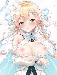 1girl bed_sheet blonde_hair blush braid braided_bangs braided_hair_rings breasts breasts_out commentary_request dakimakura_(medium) detached_sleeves dress fang flower front_slit green_eyes hair_flower hair_ornament hair_ribbon hair_rings highres hololive long_hair looking_at_viewer lying medium_breasts momosuzu_nene momosuzu_nene_(nene_rhythm) navel neck_ribbon nipples official_alternate_costume official_alternate_hairstyle on_back open_mouth ribbon shimo_(shimo332215) skin_fang sleeve_cuffs sleeveless sleeveless_dress solo twintails upper_body virtual_youtuber white_dress white_flower