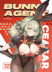 Rule 34 | 1girl, absurdres, alternate costume, animal ears, black gloves, black leotard, black pantyhose, breasts, caesar king (zenless zone zero), character name, clenched teeth, english text, fake animal ears, fake tail, fur-trimmed shrug, gloves, green hair, hair intakes, hair ornament, hands on own hips, highres, large breasts, leotard, long hair, looking at viewer, pantyhose, playboy bunny, rabbit ears, rabbit tail, siriuflong, smile, solo, tail, teeth, yellow eyes, zenless zone zero