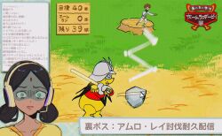1girl amuro_ray baseball baseball_base baseball_bat batting_stance bear bindi black_hair bodysuit boots brown_hair char_aznable char_aznable_(cosplay) copyright_name cosplay crossover cursor despair double_bun energy_sword epaulettes eye_mask gameplay_mechanics gloves glowing glowing_sword glowing_weapon green_boots green_eyes gundam hair_bun headphones headset helmet highres holding holding_sword holding_weapon kawachi_rin lalah_sune livestream microphone mobile_suit_gundam on_tree_stump open_mouth parody parted_bangs pitching playing_games playing_sports pooh red_shirt shirt small_sweatdrop solo struggling sword translated tree_stump turn_pale wavy_hair weapon white_bodysuit white_gloves winnie_the_pooh winnie_the_pooh&#039;s_home_run_derby yellow_shirt