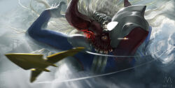 Rule 34 | 1boy, 1other, absurdres, aircraft, airplane, alien, biting, blue skin, cloud, colored skin, commentary, compound eyes, contrail, dated, dorsal fin, fighting, from behind, glowing, glowing eyes, grey hair, grey skin, guts wing, head grab, highres, male focus, manhuajiazhishen, mono-eye, monster, mountain, multicolored skin, neck biting, oni, red skin, signature, sparks, tokusatsu, torii, ultra series, ultraman tiga, ultraman tiga (multi type), ultraman tiga (series), white eyes