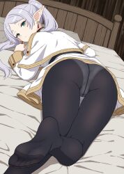 ass ass_focus bed bed_sheet bedroom black_pantyhose capelet closed_mouth crotch_seam earrings elf frieren green_eyes grey_hair gusset highres indoors jewelry long_hair long_sleeves looking_at_viewer looking_back on_bed panties panties_under_pantyhose pantyhose parted_bangs pillow pointy_ears short_eyebrows skirt soles solo sousou_no_frieren teardrop_earrings thick_eyebrows thighs tobari_(artist) underwear white_capelet white_panties white_skirt