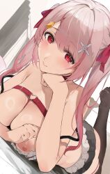 1girl :3 ass belt between_breasts black_bra black_shorts black_thighhighs blush bra bra_lift breasts chest_belt cleavage closed_mouth commission curtains double_strap_slip hair_ornament hair_ribbon hairclip hand_on_own_chin heart heart_o-ring highres kimitsu_tenka large_breasts long_hair looking_at_viewer lying maid_dolce nipples no_shoes o-ring o-ring_belt on_stomach pink_eyes pink_hair pink_ribbon ribbon shiny_skin shorts skeb_commission smile solo strap_between_breasts the_pose thighhighs thighs tomochi_(tmc_tmc8) twintails underwear virtual_youtuber x_hair_ornament