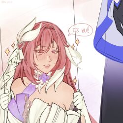 2girls acheron_(honkai:_star_rail) black_gloves commentary dress elysia_(herrscher_of_human:_ego)_(honkai_impact) elysia_(honkai_impact) english_commentary english_text gloves hair_ornament highres honkai:_star_rail honkai_(series) honkai_impact_3rd mikiyuuz multiple_girls on_swing pink_eyes pink_hair smile sparkle swing white_dress white_gloves