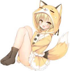 1girl animal_hood black_socks blonde_hair fang fox_girl fox_tail frilled_skirt frills full_body hood hoodie huei_nazuki knees_up long_hair looking_at_viewer miniskirt open_mouth original simple_background sitting skirt smile socks solo tail thighs v_arms white_background yellow_eyes yellow_hoodie yellow_skirt