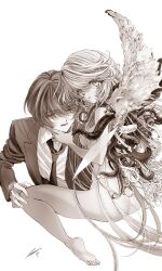 1boy 1girl angel_wings ass asymmetrical_wings aya_carmine body_horror clothed_male_nude_female collared_shirt cropped_torso flower_wings formal_clothes greyscale hand_on_another&#039;s_chin hetero highres hitomi_hirosuke_(sayonara_wo_oshiete) leaf_wings long_hair looking_at_viewer mismatched_wings monochrome necktie nude open_mouth plant_wings sayonara_wo_oshiete shirt simple_background sitting smile snake sugamo_mutsuki suit tendril tentacles very_long_hair wariza white_background wings