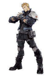 &gt;:) 1boy armor belt belt_pouch black_boots black_gloves black_sweater blonde_hair blue_eyes blue_jacket boots clenched_hand final_fantasy final_fantasy_vii final_fantasy_vii_ever_crisis fingerless_gloves fujise_lisa full_body glenn_lodbrok gloves grey_belt grin hands_up highres jacket knee_pads male_focus multiple_belts official_art open_clothes open_jacket own_hands_together pauldrons pouch short_hair shoulder_armor simple_background smile solo sweater thigh_belt thigh_pouch thigh_strap third-party_source turtleneck turtleneck_sweater v-shaped_eyebrows very_short_hair white_background